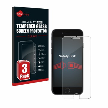 Front side of a product packaging with the brand logo Savvies. Next to it is the device Apple iPhone 6 shown with the correspo