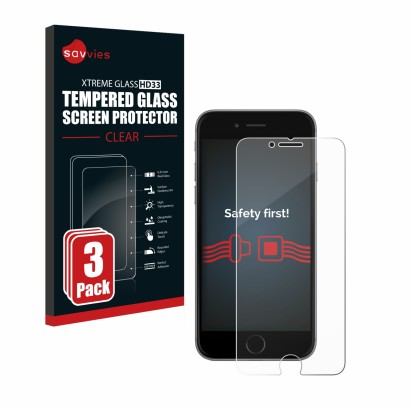 Face avant d’un emballage produit avec le logo de la marque Savvies. À côté, l’appareil Apple iPhone 6 est représenté avec la 