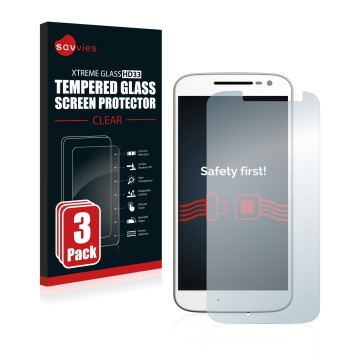 Vorderseite einer Produktverpackung mit dem Markenlogo Savvies. Daneben ist das Gerät Motorola Moto G4 mit dem zugehörigen Dis