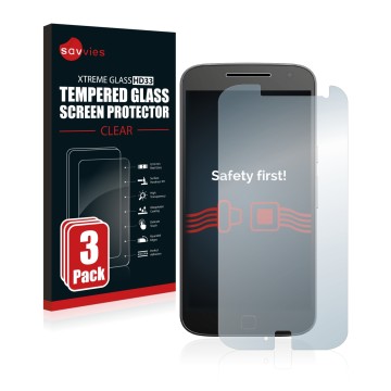 Vorderseite einer Produktverpackung mit dem Markenlogo Savvies. Daneben ist das Gerät Motorola Moto G4 Plus mit dem zugehörige