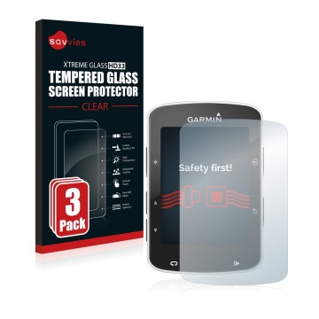 Parte frontal de un envase de producto con el logotipo de la marca Savvies. Al lado se muestra el dispositivo Garmin Edge 820 