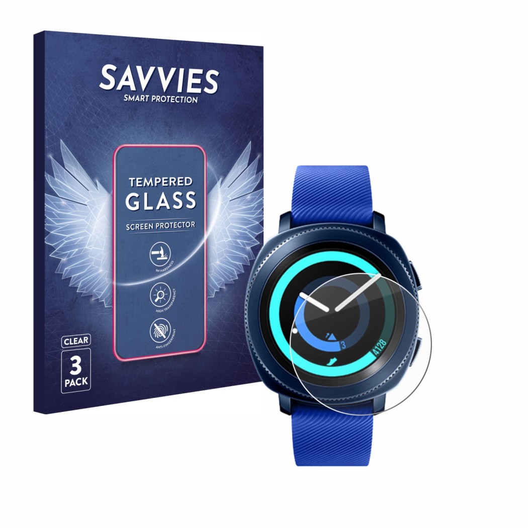 Parte frontal de un envase de producto con el logotipo de la marca Savvies. Al lado se muestra el dispositivo Samsung Gear Spo