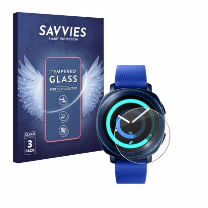 Parte frontal de un envase de producto con el logotipo de la marca Savvies. Al lado se muestra el dispositivo Samsung Gear Spo