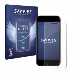 Face avant d’un emballage produit avec le logo de la marque Savvies. À côté, l’appareil Apple iPhone SE 2 2020 est représenté 