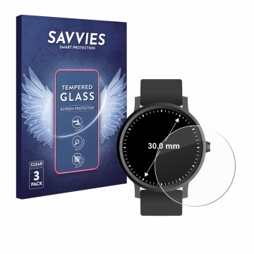 Parte frontal de un envase de producto con el logotipo de la marca Savvies. Al lado se muestra el dispositivo Circular Display