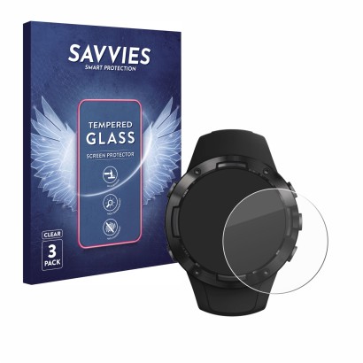 Parte frontale di una confezione del prodotto con il logo del marchio Savvies. Accanto è raffigurato il dispositivo Suunto 5 c