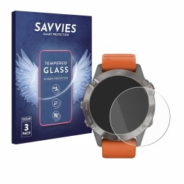 Face avant d’un emballage produit avec le logo de la marque Savvies. À côté, l’appareil Garmin Fenix 6 Pro est représenté avec