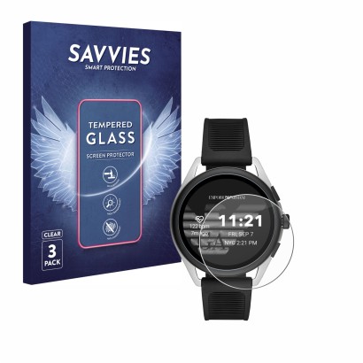 Front side of a product packaging with the brand logo Savvies. Next to it is the device Emporio Armani Connected Smartwatch 3 