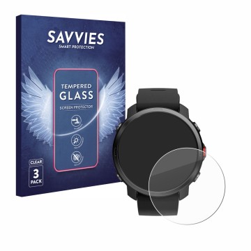 Vorderseite einer Produktverpackung mit dem Markenlogo Savvies. Daneben ist das Gerät Polar Grit X mit dem zugehörigen Display