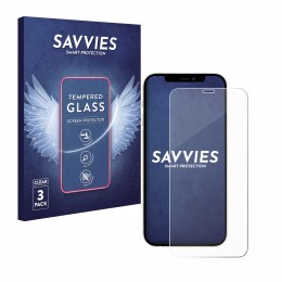 Face avant d’un emballage produit avec le logo de la marque Savvies. À côté, l’appareil Apple iPhone 12 est représenté avec la