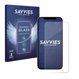 Face avant d’un emballage produit avec le logo de la marque Savvies. À côté, l’appareil Apple iPhone 12 Pro est représenté ave