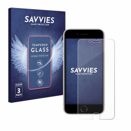 Face avant d’un emballage produit avec le logo de la marque Savvies. À côté, l’appareil Apple iPhone SE 3 2022 est représenté 
