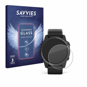 Parte frontal de un envase de producto con el logotipo de la marca Savvies. Al lado se muestra el dispositivo Garmin Tactix 7 