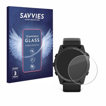 Parte frontal de un envase de producto con el logotipo de la marca Savvies. Al lado se muestra el dispositivo Garmin Tactix 7 