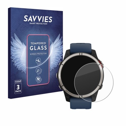 Face avant d’un emballage produit avec le logo de la marque Savvies. À côté, l’appareil Garmin quatix 7 est représenté avec la