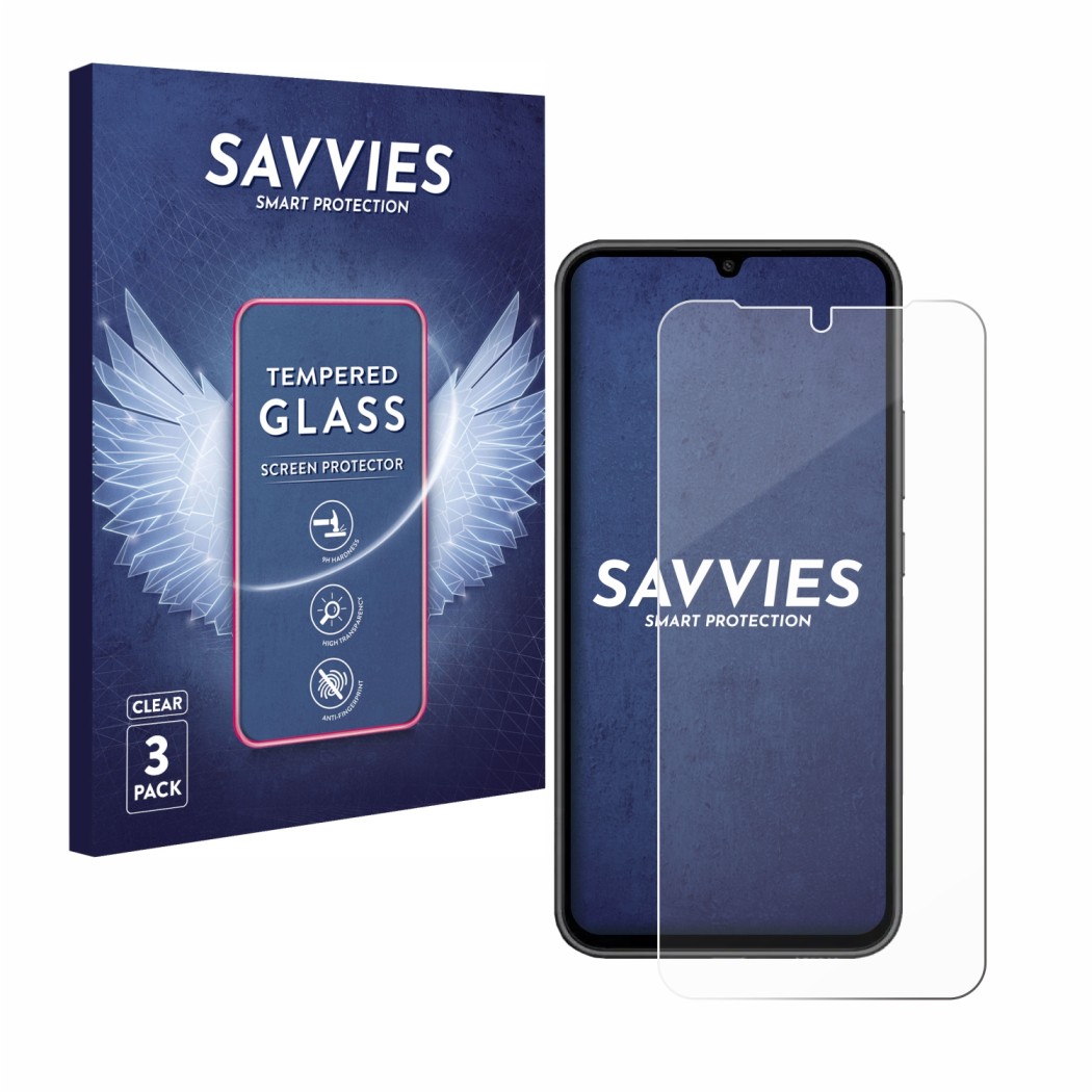 Front side of a product packaging with the brand logo Savvies. Next to it is the device Samsung Galaxy A34 5G shown with the c