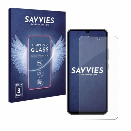 Front side of a product packaging with the brand logo Savvies. Next to it is the device Samsung Galaxy A34 5G shown with the c