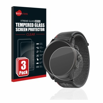 Front side of a product packaging with the brand logo Savvies. Next to it is the device Coros Apex 2 shown with the correspond