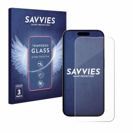 Vorderseite einer Produktverpackung mit dem Markenlogo Savvies. Daneben ist das Gerät Apple iPhone 15 mit dem zugehörigen Disp