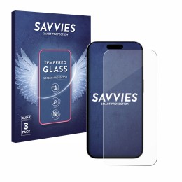 Face avant d’un emballage produit avec le logo de la marque Savvies. À côté, l’appareil Apple iPhone 15 Pro est représenté ave