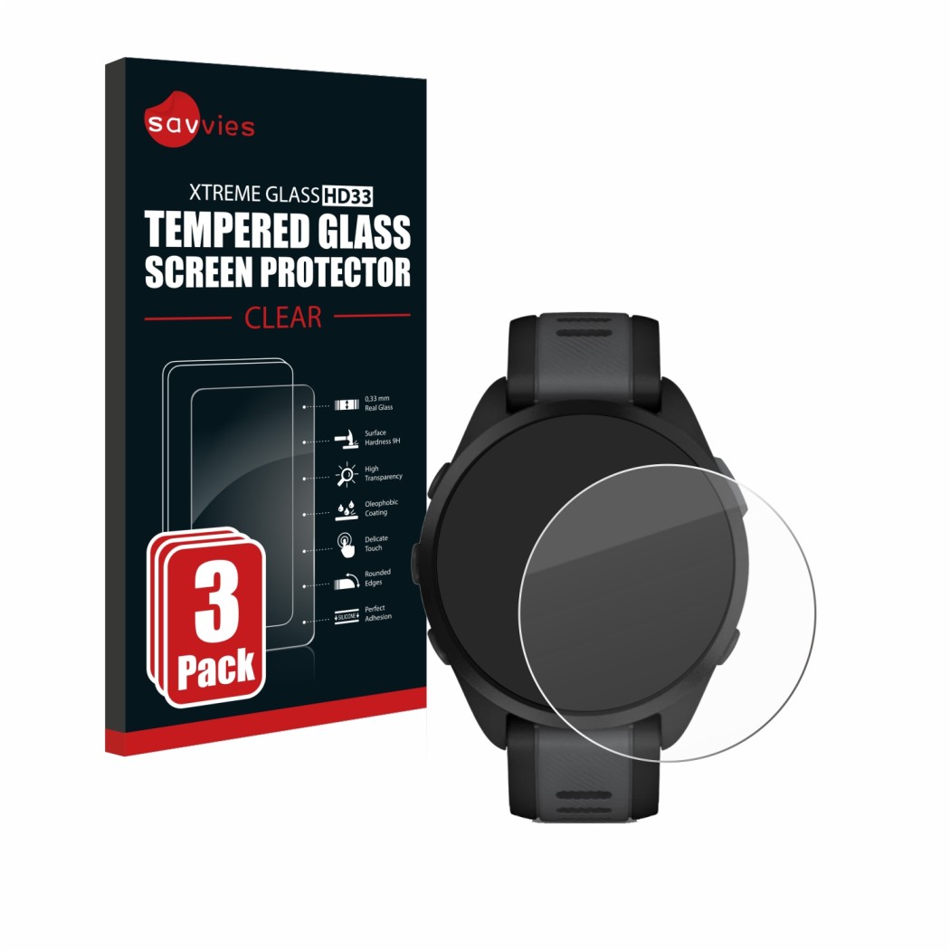 Face avant d’un emballage produit avec le logo de la marque Savvies. À côté, l’appareil Garmin Forerunner 165 est représenté a