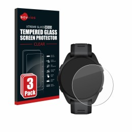 Face avant d’un emballage produit avec le logo de la marque Savvies. À côté, l’appareil Garmin Forerunner 165 est représenté a