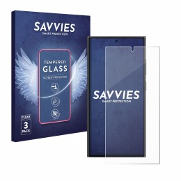 Face avant d’un emballage produit avec le logo de la marque Savvies. À côté, l’appareil Samsung Galaxy S24 Ultra est représent