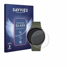 Face avant d’un emballage produit avec le logo de la marque Savvies. À côté, l’appareil Samsung Galaxy Watch 7 (44 mm) est rep