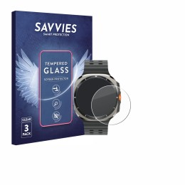 Face avant d’un emballage produit avec le logo de la marque Savvies. À côté, l’appareil Samsung Galaxy Watch Ultra (47 mm) est