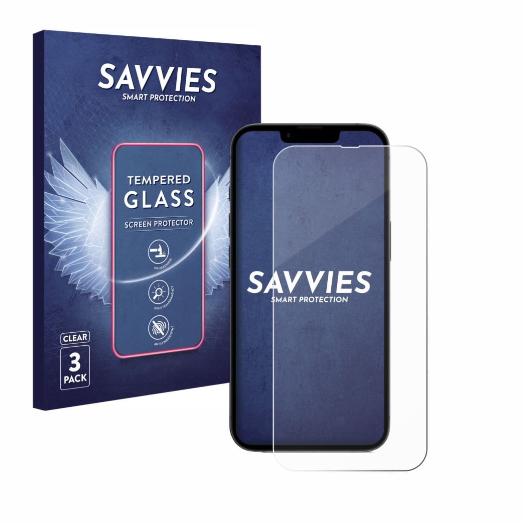 Face avant d’un emballage produit avec le logo de la marque Savvies. À côté, l’appareil Apple iPhone 16e est représenté avec l