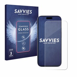 Face avant d’un emballage produit avec le logo de la marque Savvies. À côté, l’appareil Apple iPhone 17 est représenté avec la