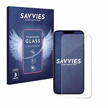 Face avant d’un emballage produit avec le logo de la marque Savvies. À côté, l’appareil Apple iPhone 17e est représenté avec l