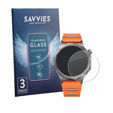Vorderseite einer Produktverpackung mit dem Markenlogo Savvies. Daneben ist das Gerät Oppo Watch X3 mit dem zugehörigen Displa