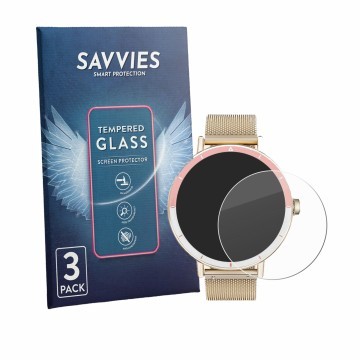 Front side of a product packaging with the brand logo Savvies. Next to it is the device Keeponfit Smartwatch 1.27