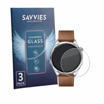 Front side of a product packaging with the brand logo Savvies. Next to it is the device Honor Watch 6 shown with the correspon