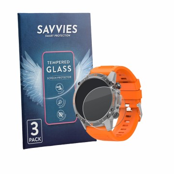 Front side of a product packaging with the brand logo Savvies. Next to it is the device WalkerFit M6 Ultra 1.43
