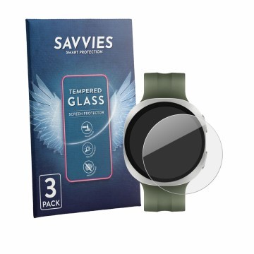 Vorderseite einer Produktverpackung mit dem Markenlogo Savvies. Daneben ist das Gerät Samsung Galaxy Watch 9 (40 mm) mit dem z