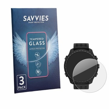 Vorderseite einer Produktverpackung mit dem Markenlogo Savvies. Daneben ist das Gerät Suunto Core 2 mit dem zugehörigen Displa