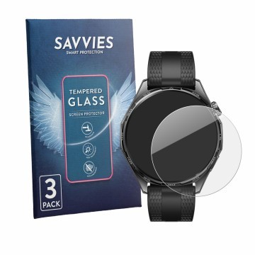Vorderseite einer Produktverpackung mit dem Markenlogo Savvies. Daneben ist das Gerät Huawei Watch GT 7 (46 mm) mit dem zugehö