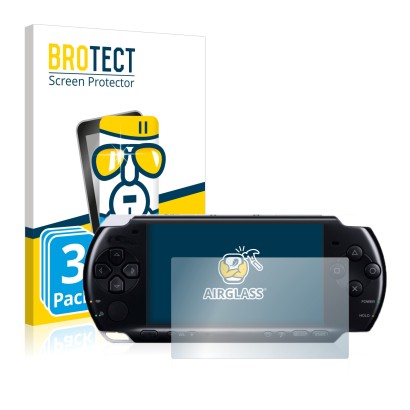 Vorderseite einer Produktverpackung mit dem Markenlogo BROTECT. Daneben ist das Gerät Sony PSP 3004 mit dem zugehörigen Displa