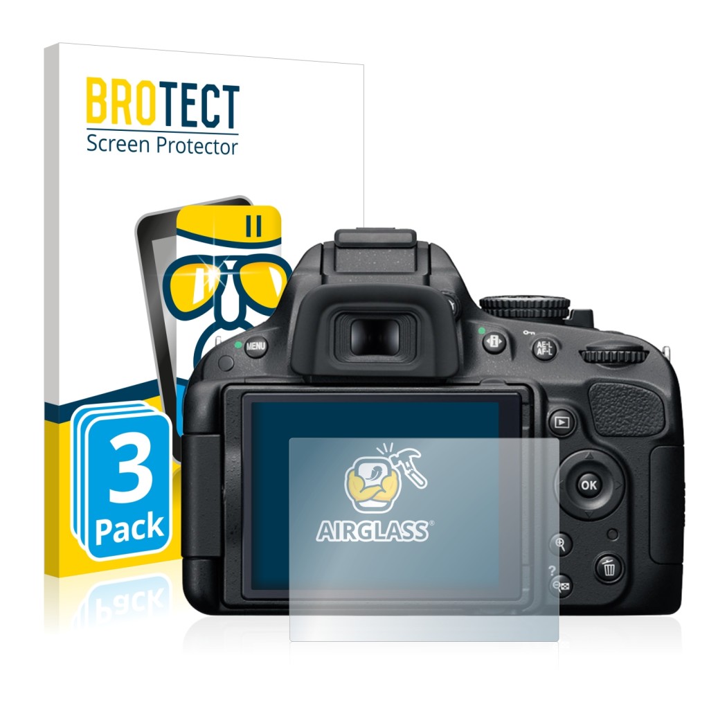 Face avant d’un emballage produit avec le logo de la marque BROTECT. À côté, l’appareil Nikon D5100 est représenté avec la pro
