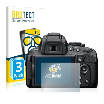 Front side of a product packaging with the brand logo BROTECT. Next to it is the device Nikon D5100 shown with the correspondi