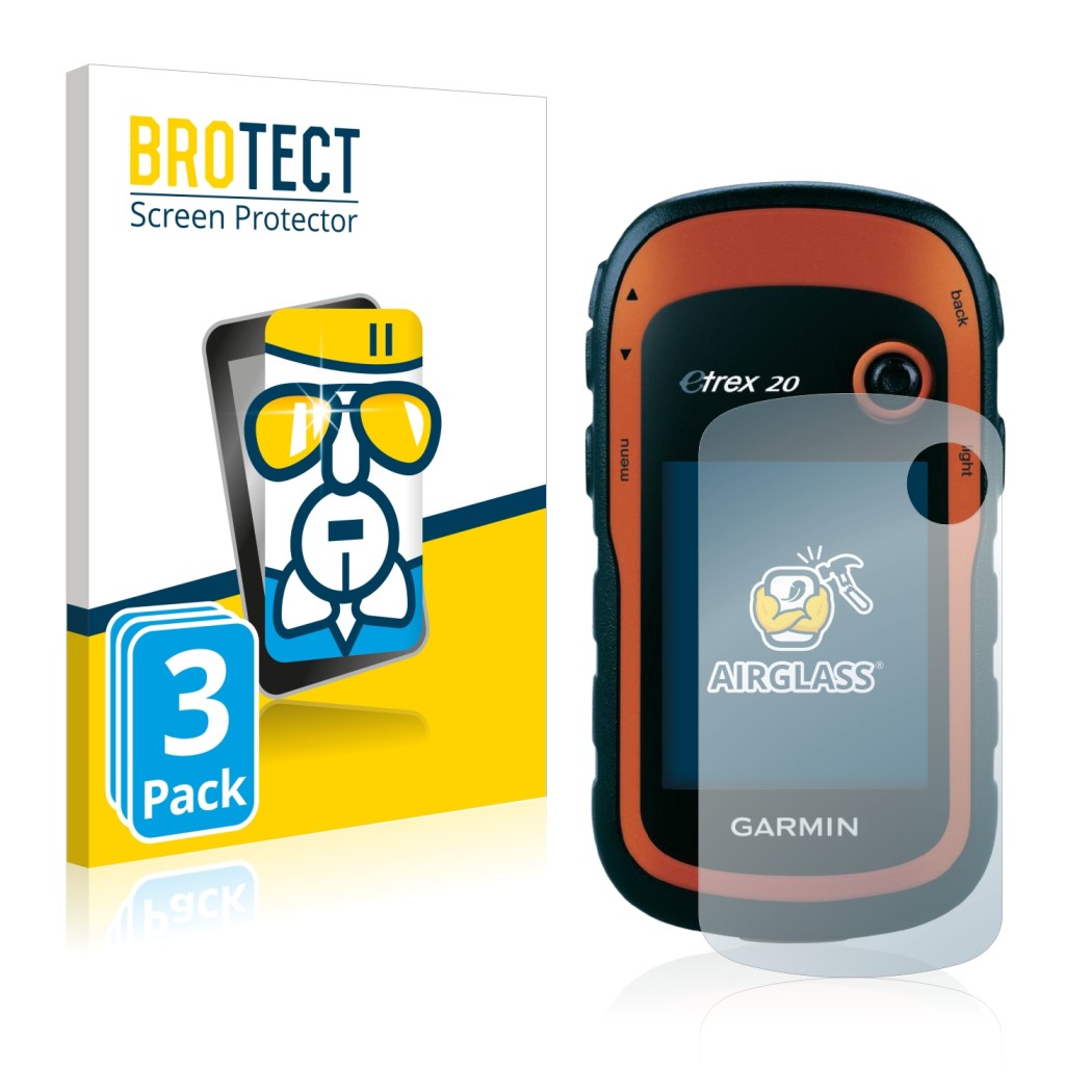 Front side of a product packaging with the brand logo BROTECT. Next to it is the device Garmin eTrex 20 shown with the corresp