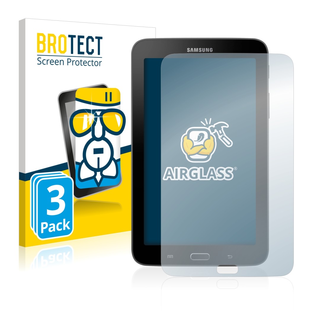 Front side of a product packaging with the brand logo BROTECT. Next to it is the device Samsung Galaxy Tab 3 7.0 Lite shown wi