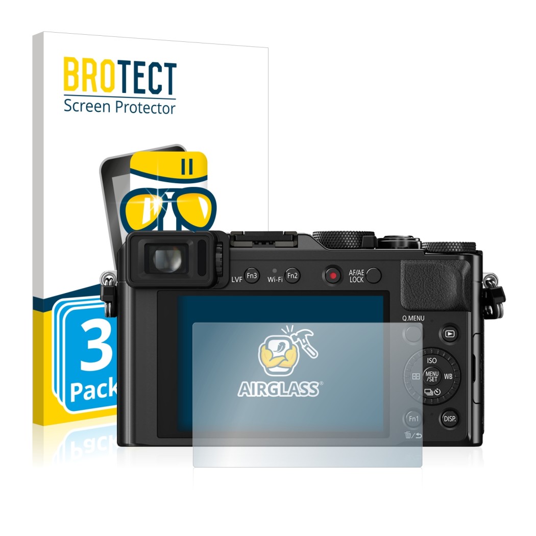 Face avant d’un emballage produit avec le logo de la marque BROTECT. À côté, l’appareil Panasonic Lumix DMC-LX100 est représen