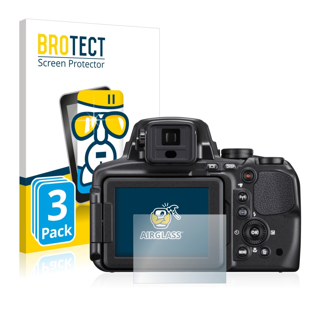 Front side of a product packaging with the brand logo BROTECT. Next to it is the device Nikon Coolpix P900 shown with the corr