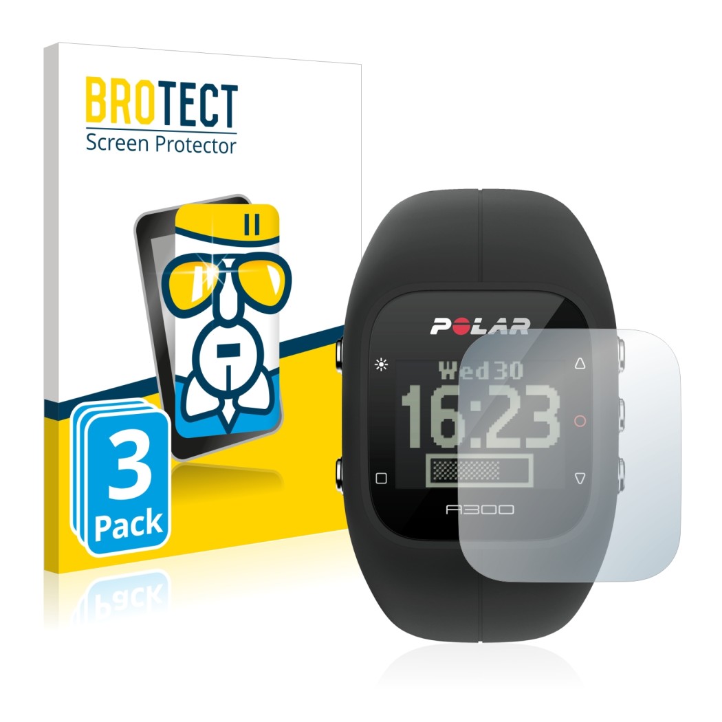 Parte frontal de un envase de producto con el logotipo de la marca BROTECT. Al lado se muestra el dispositivo Polar A300 con s