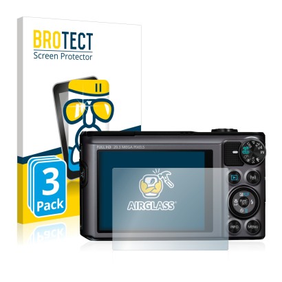 Front side of a product packaging with the brand logo BROTECT. Next to it is the device Canon PowerShot SX720 HS shown with th