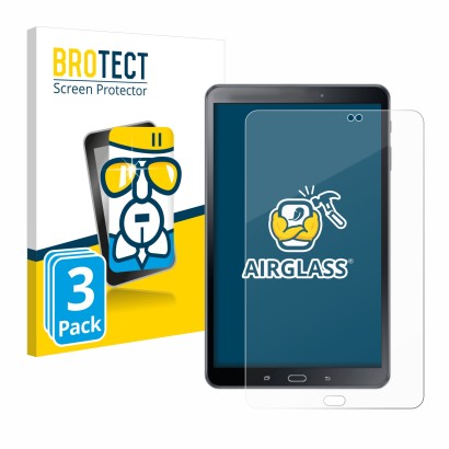 Face avant d’un emballage produit avec le logo de la marque BROTECT. À côté, l’appareil Samsung Galaxy Tab A 10.1 2016 SM-T585