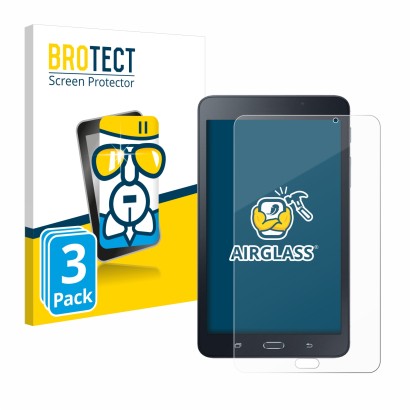 Face avant d’un emballage produit avec le logo de la marque BROTECT. À côté, l’appareil Samsung Galaxy Tab A6 7.0 est représen